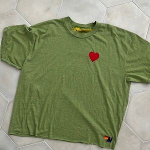 AVIATOR NATION GREEN BOYFRIEND TEE WITH RED HEART EMBROIDERY